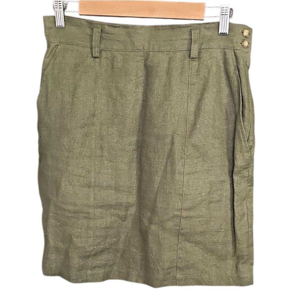 Ann Taylor 100% Linen Skirt Women's 10 Olive Green Mini Made USA Classic